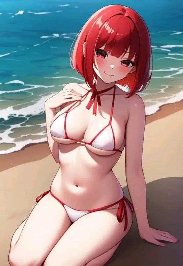 Ảnh arima kana bikini có một người phụ nữ mặc bộ màu đỏ ngồi trên bãi biển
