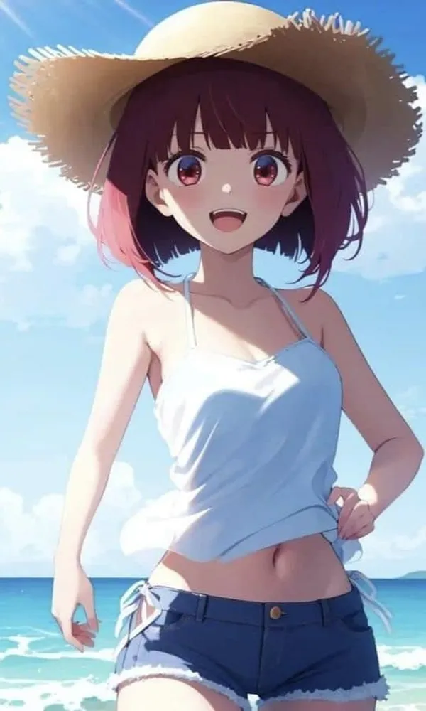 Ảnh arima kana hentai có một người phụ nữ đội mũ rơm đứng trên bãi biển