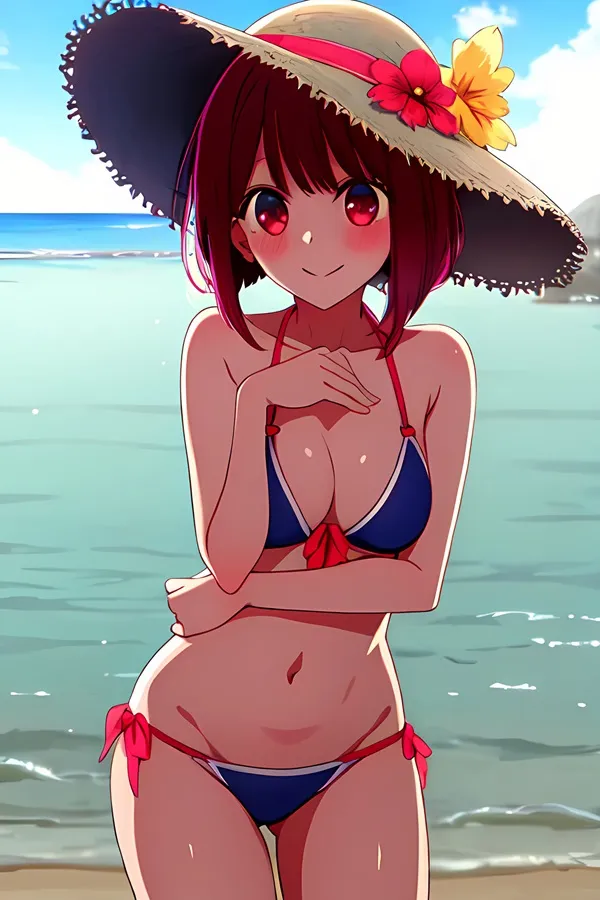 Ảnh arima kana bikini có một người phụ nữ mặc và mũ trên bãi biển