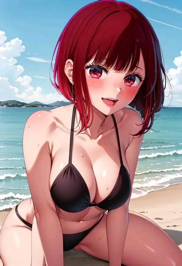 Ảnh arima kana hentai cô gái anime gợi cảm với mái tóc đỏ ngồi trên bãi biển bên cạnh đại dương