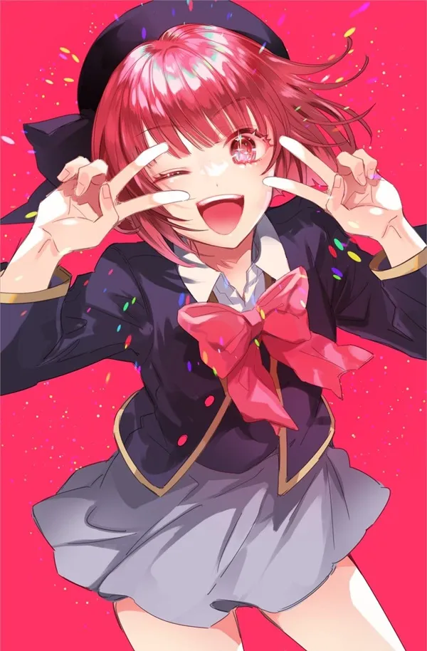 Ảnh arima kana cute cô gái anime với mái tóc đỏ và chiếc mũ đen làm một dấu hiệu hòa bình đôi tay của mình