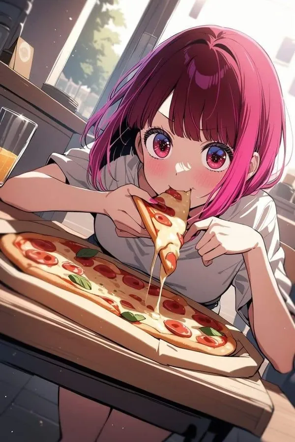 Ảnh arima kana cute cô gái manga ăn một lát pizza tại bàn với ly nước cam