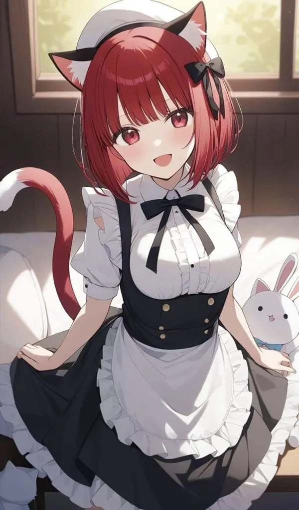 Ảnh arima kana cute có một người phụ nữ mặc trang phục giúp việc ngồi trên giường với con mèo