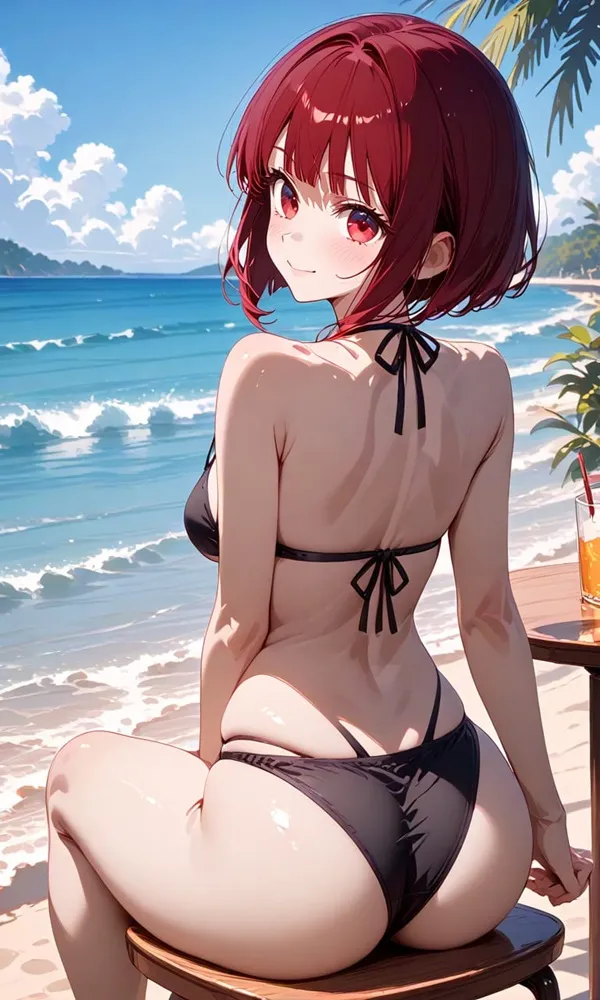 Ảnh arima kana bikini cô gái anime ngồi trên ghế bãi biển với đồ uống trong tay