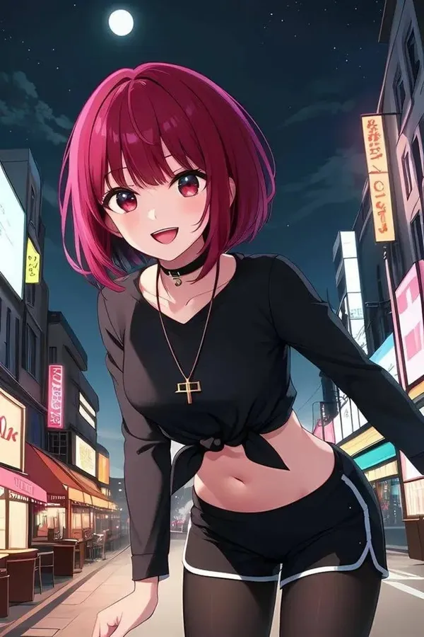 Ảnh arima kana hentai cô gái anime đi bộ xuống phố trong một chiếc áo đen và quần short