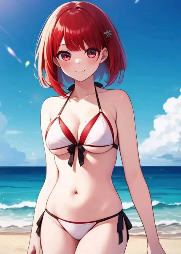 Ảnh arima kana hentai cô gái anime mặc bikini đứng trên bãi biển gần đại dương