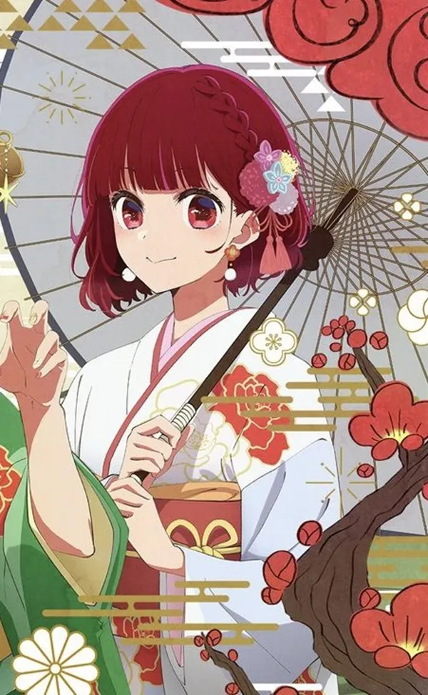 Ảnh arima kana hentai cô gái anime với mái tóc đỏ cầm một chiếc trước cây hoa anh đào