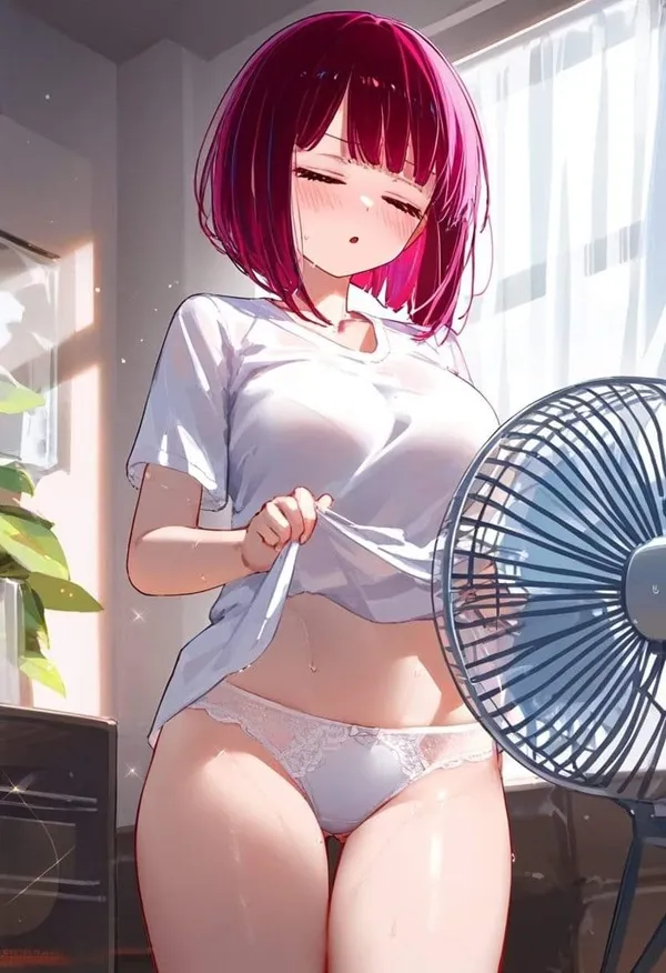 Ảnh arima kana hentai cô gái tóc màu tím trong đồ lót cầm một chiếc quạt trước cửa sổ