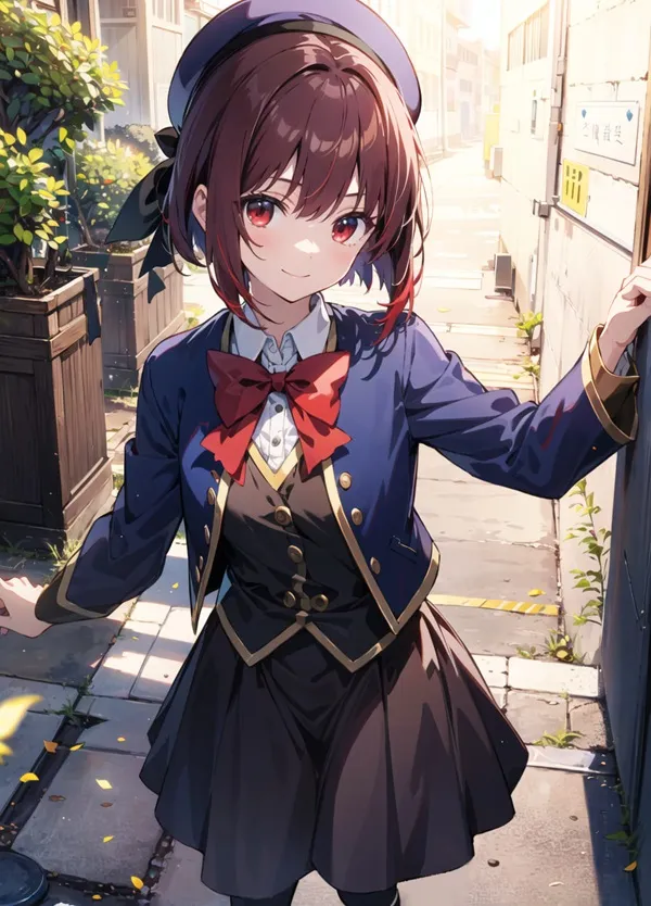 Ảnh arima kana hentai cô gái tóc vàng mặc đồng phục đứng trên vỉa hè khu vực thành thị
