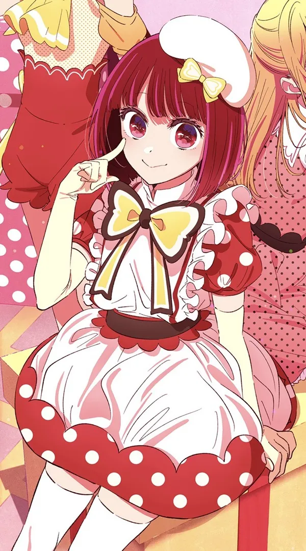 Ảnh arima kana hentai có một cô gái mặc váy chấm bi đỏ và trắng ngồi trên vali