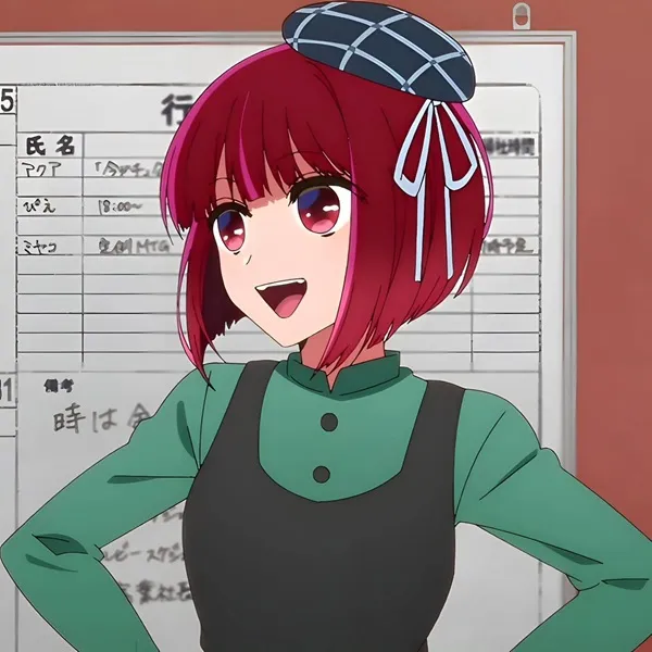 Ảnh arima kana hentai có một phụ nữ trẻ với mái tóc đỏ và chiếc mũ trên