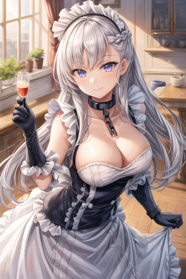 Ảnh azur lane vú to cô gái anime gợi cảm với mái tóc trắng dài và găng tay đen cầm một ly rượu
