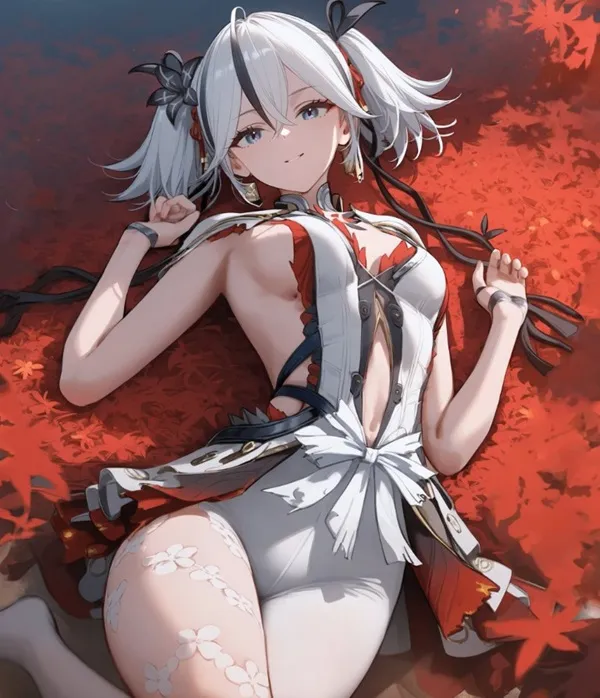 Ảnh camellya hentai hình một người phụ nữ có mái tóc trắng dài ngồi trên mặt đất
