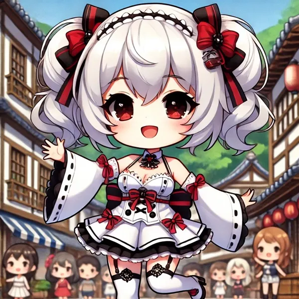 Ảnh camellya hentai một nhân vật anime trong chiếc váy trắng và cung màu đen đỏ đang đứng trước nhóm người