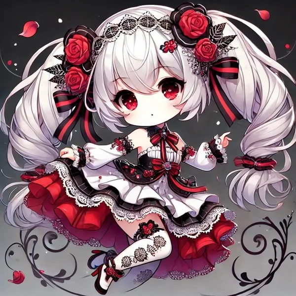 Ảnh camellya chibi một cô gái anime với mái tóc trắng dài và hoa hồng đỏ trên