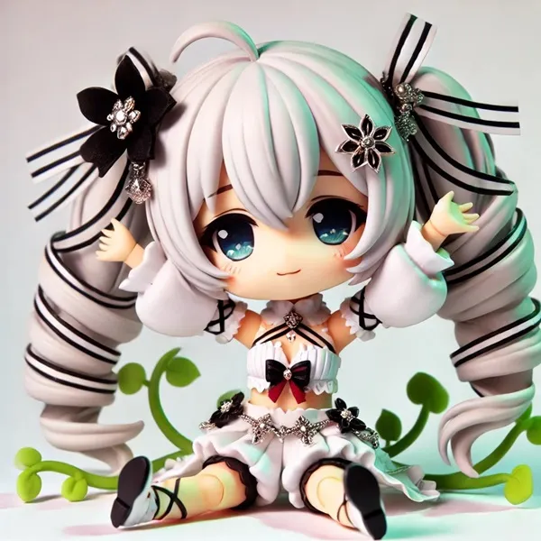 Ảnh camellya cute anime figurine của một cô gái có mái tóc dài ngồi trên mặt đất