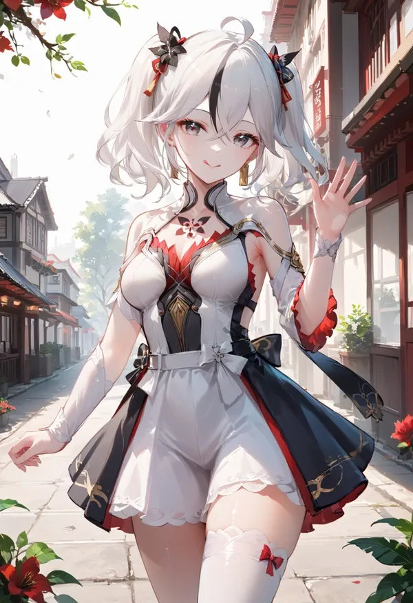 Ảnh camellya chibi nhân vật anime nữ đi bộ xuống một con đường trong trang phục màu trắng