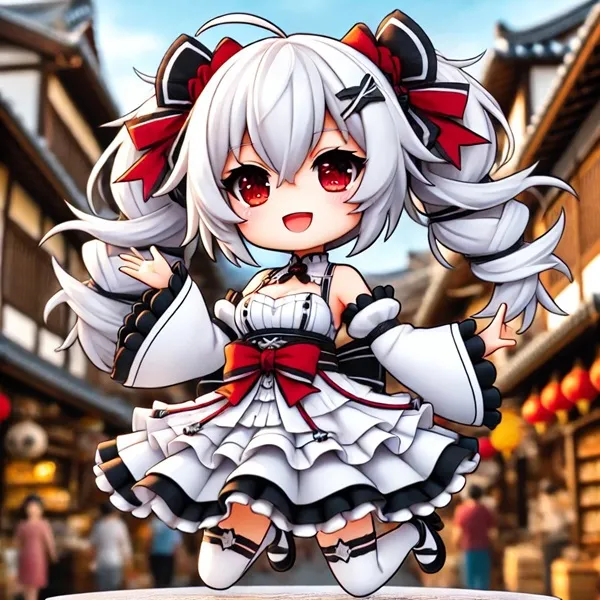 Ảnh camellya cute cô gái anime mặc váy trắng với cây cung màu đỏ và mái tóc đen
