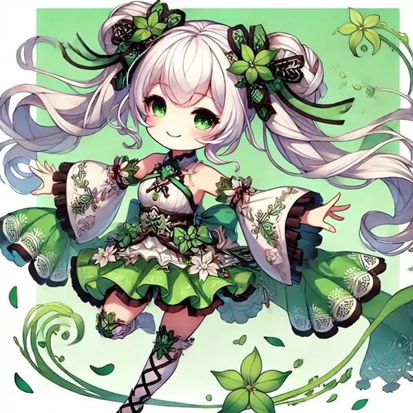 Ảnh camellya cute một cô gái mặc váy màu xanh lá cây với hoa và để lại trên đầu