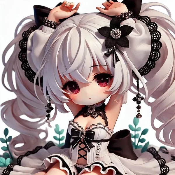 Ảnh camellya hentai đen trắng của một con búp bê với mái tóc dài và chiếc váy