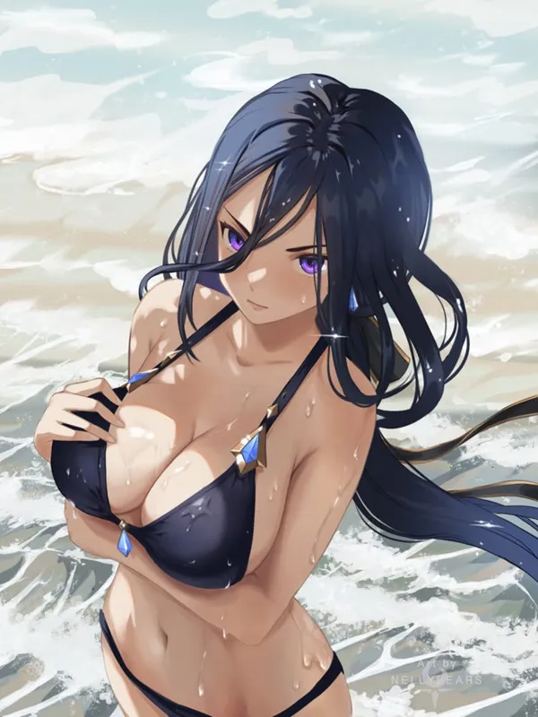 Ảnh clorinde hentai có một người phụ nữ mặc bikini đứng trong nước