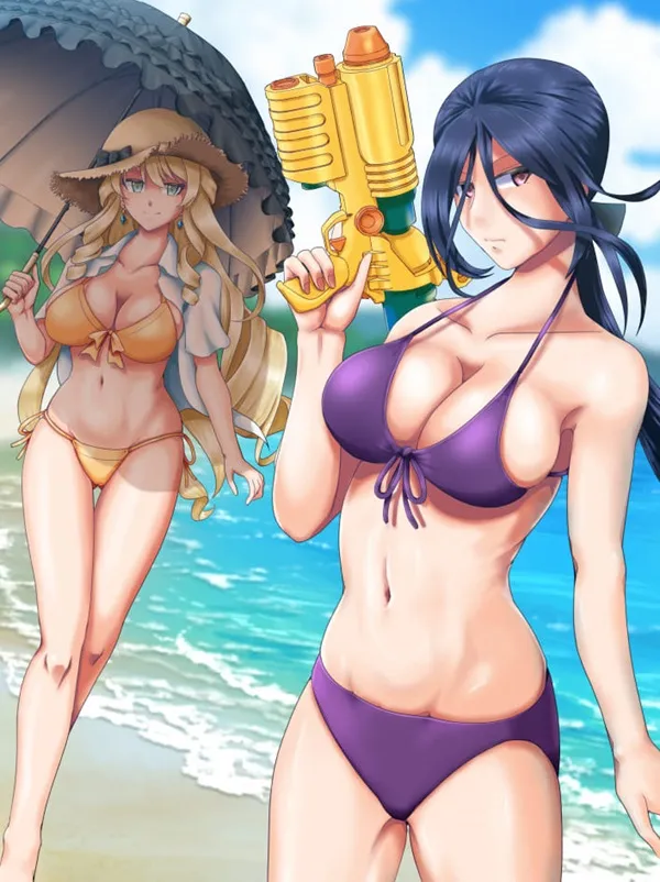 Ảnh sex clorinde có hai phụ nữ mặc bikini trên bãi biển với một khẩu súng nước