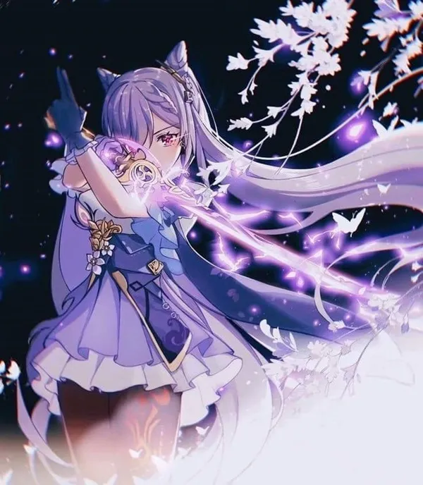 Ảnh clorinde hentai có một cô gái anime với mái tóc dài và chiếc váy màu tím