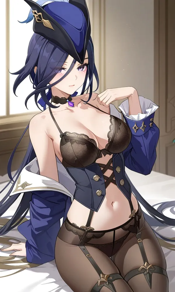 Ảnh clorinde hentai có một người phụ nữ đang ngồi trên giường trong đồ lót