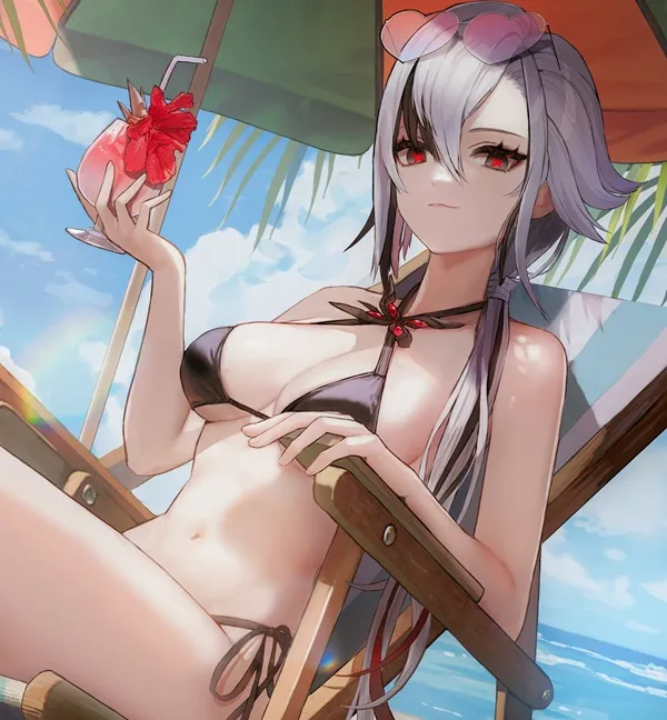 Ảnh clorinde hentai có một người phụ nữ mặc bikini ngồi trên ghế bãi biển với chiếc