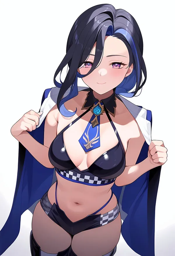 Ảnh clorinde hentai có một người phụ nữ mặc bikini và áo choàng chụp