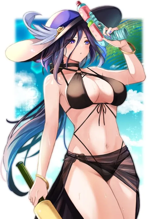 Ảnh clorinde hentai có một người phụ nữ mặc bikini và mũ cầm chai