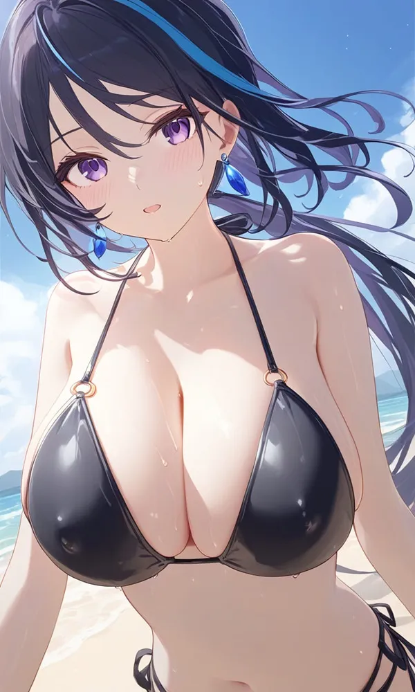 Ảnh clorinde hentai có một người phụ nữ mặc bộ bikini màu đen trên bãi biển