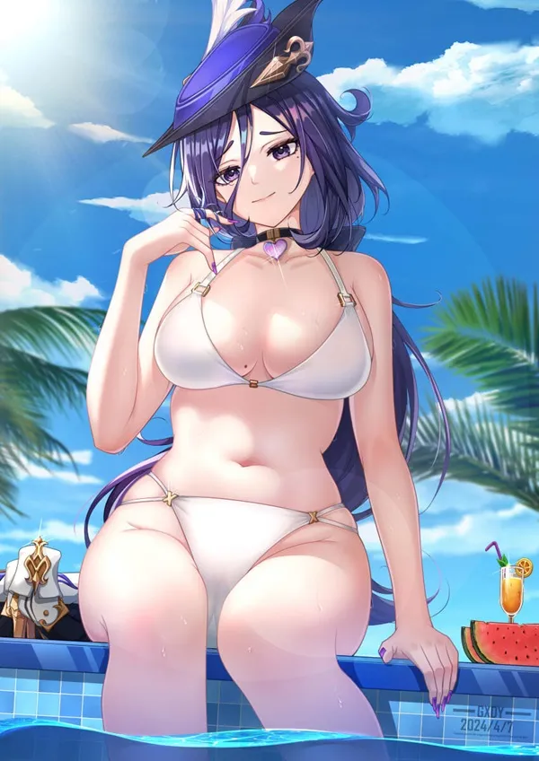 Ảnh clorinde hentai hình một người phụ nữ mặc bikini ngồi trong hồ bơi