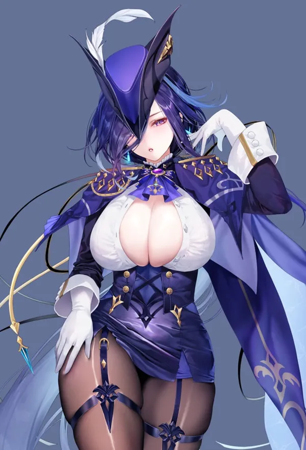 Ảnh clorinde hentai một hình của người phụ nữ gợi cảm trong bộ trang phục màu tím với thanh kiếm