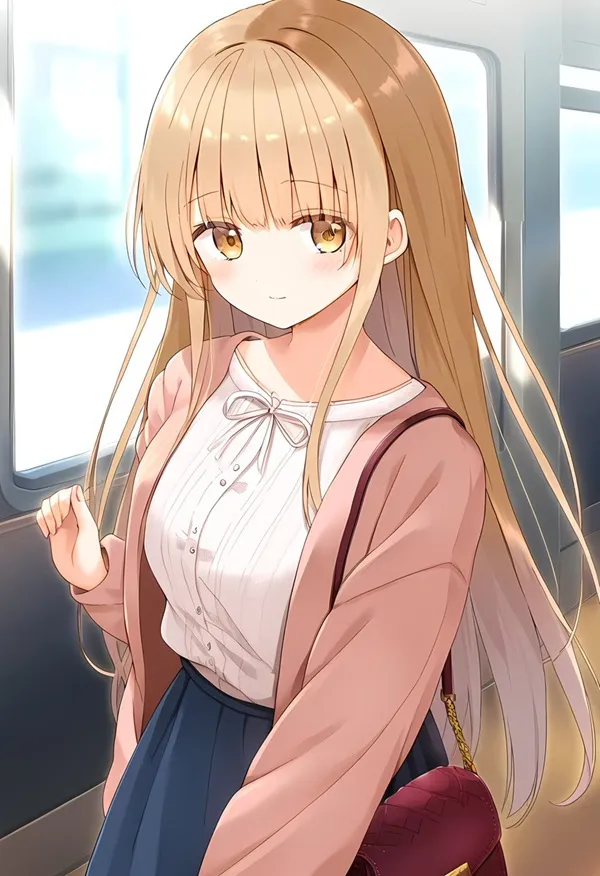 Ảnh cosplay shiina mahiru nhân vật nữ anime với mái tóc vàng dài đứng trước một chuyến tàu