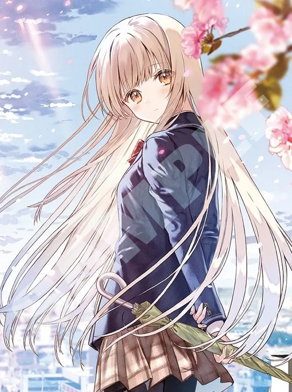 Ảnh shiina mahiru sexy một cô gái anime với mái tóc trắng dài đứng trước cây anh đào