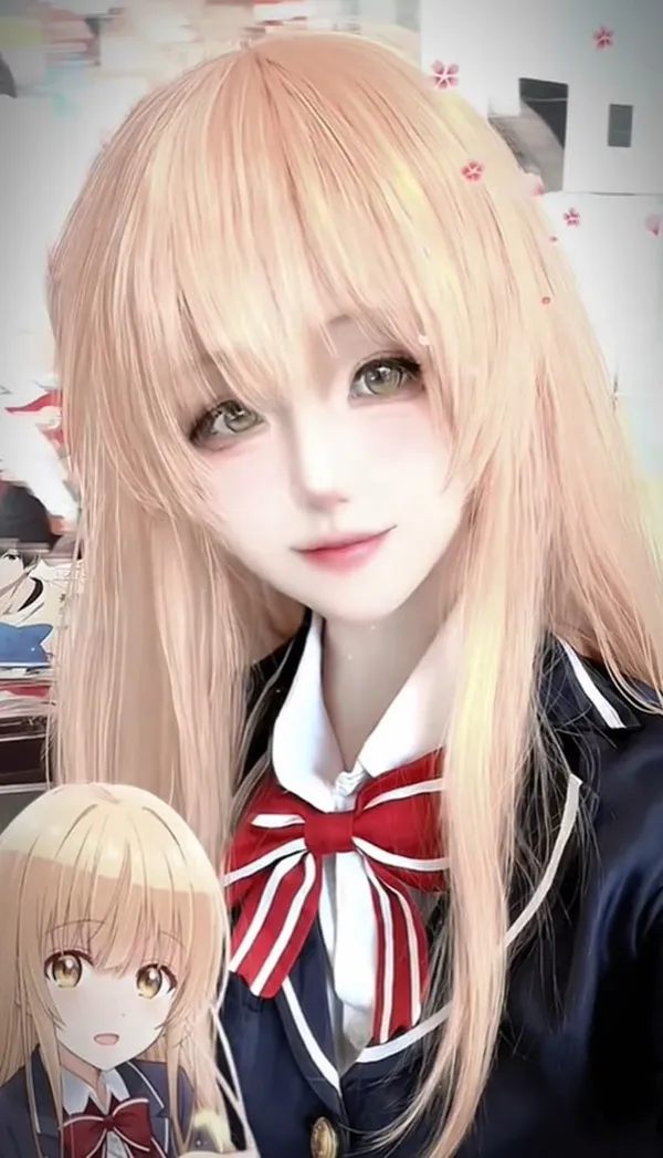 Hình ảnh shiina mahiru có một người phụ nữ mái tóc vàng dài cầm con búp bê