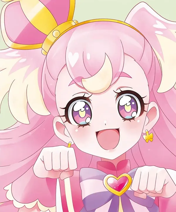 Ảnh cure wonderful chibi cô gái anime với mái tóc hồng đeo nơ và vương miện trên đầu
