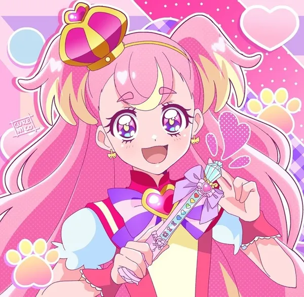 Ảnh cure wonderful chibi một hình của cô gái anime với mái tóc hồng cầm cây đũa phép