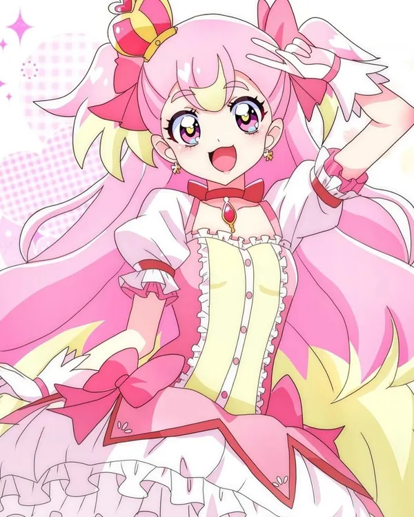 Ảnh cure wonderful cute có một cô gái anime với mái tóc hồng và chiếc váy màu