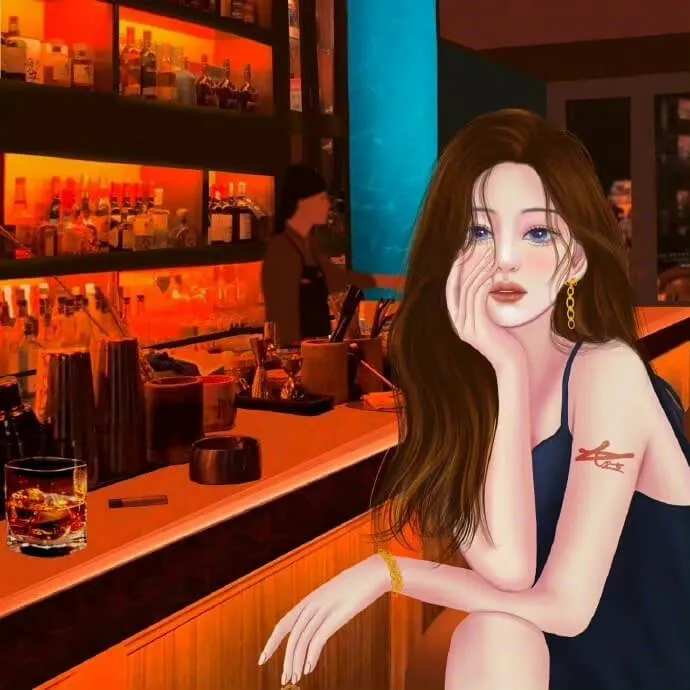 Tranh của một người phụ nữ ngồi quán bar bằng tay