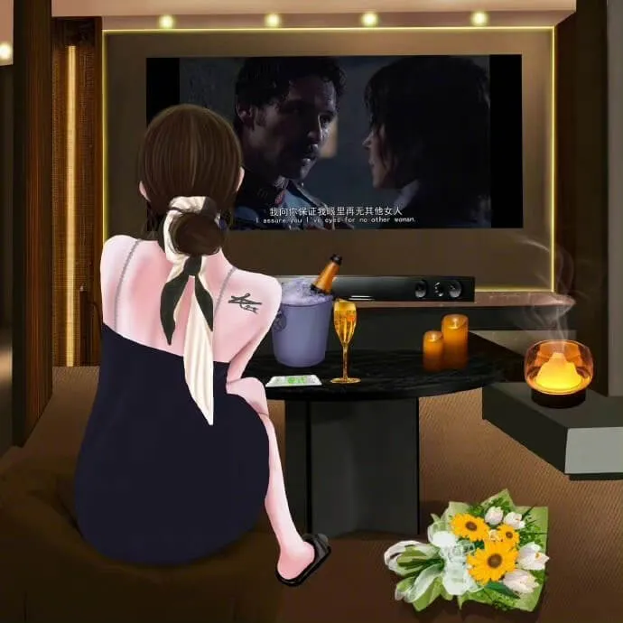 Có một người phụ nữ đang ngồi trước tv
