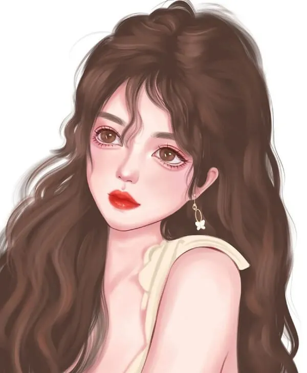 Vẽ của một người phụ nữ có mái tóc nâu dài và son môi đỏ