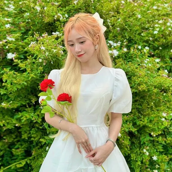 Ảnh đào lê phương hoa có một người phụ nữ mặc chiếc váy trắng cầm bông hồng đỏ
