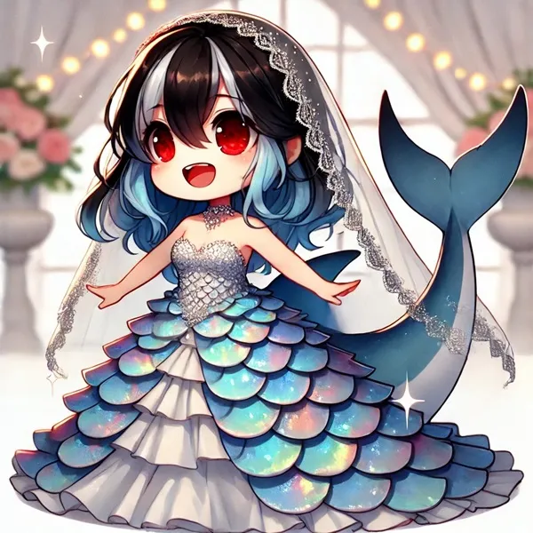Ảnh ellen joe chibi một cô gái anime mặc váy cưới có đuôi cá mập