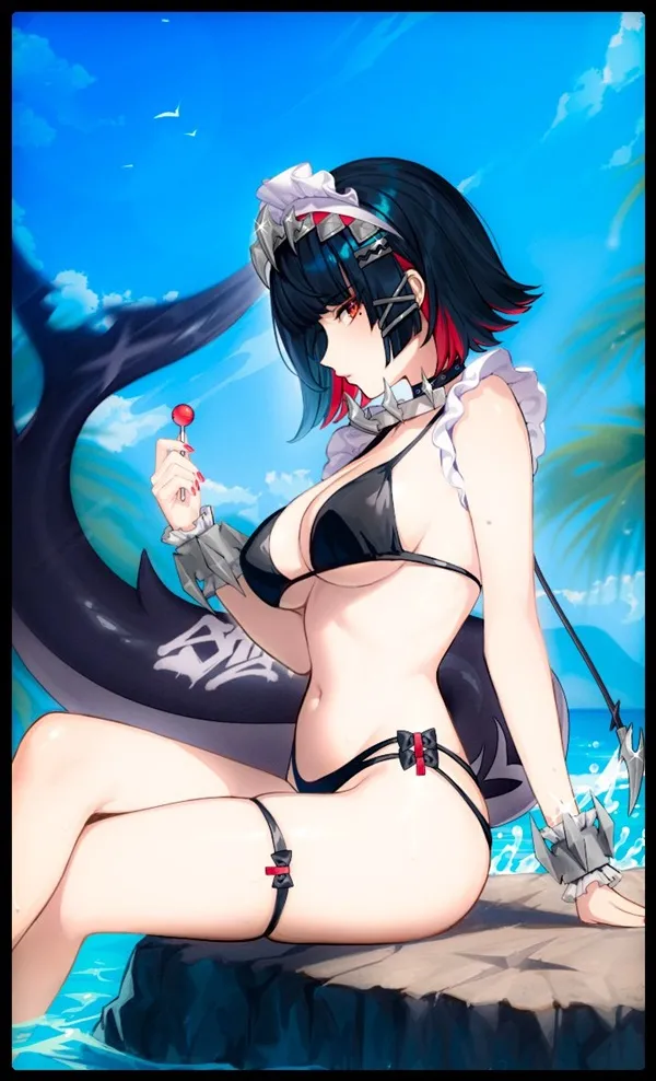 Ảnh ellen joe bikini cô gái anime gợi cảm trong bộ ngồi trên một tảng đá bên đại dương