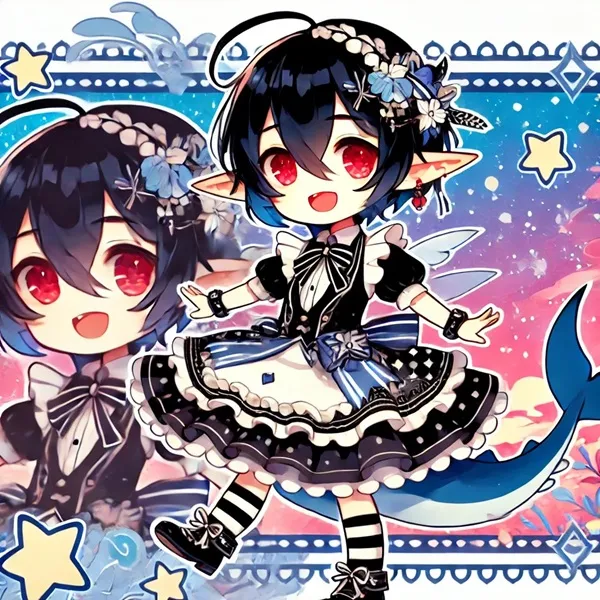 Ảnh ellen joe bikini hai cô gái anime mặc trang phục với các ngôi sao và một con cá trong nền