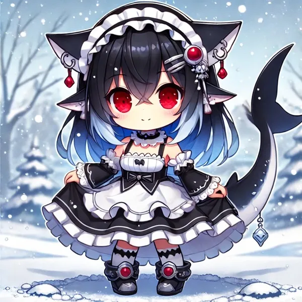 Ảnh ellen joe bikini một nhân vật anime mặc đồ đen và trắng với đôi mắt đỏ