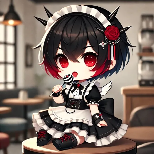 Ảnh ellen joe chibi cô gái anime xinh đẹp với mái tóc đen và đôi mắt đỏ ngồi trên bàn