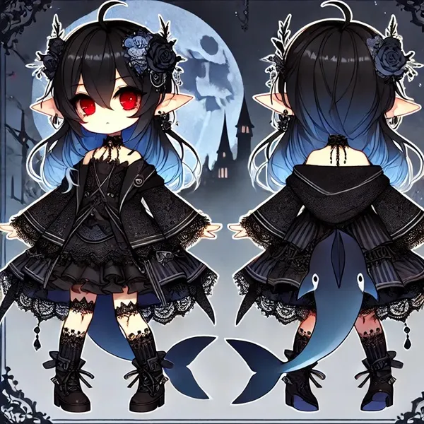 Ảnh ellen joe chibi có hai hình của một cô gái với mái tóc xanh và quần áo đen